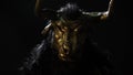 The man in the mask of the minotaur sits in the dark