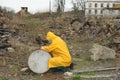 Man with mask and protective clothes explores danger area Royalty Free Stock Photo