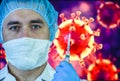 Man in a mask and protective gloves on the background of the image of a coronavirus. Doctor with a vaccine and a syringe