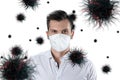 A man in a mask protects himself from virus particles flying in the air on a white background. Coronavirus, COVID-19, isolation, Royalty Free Stock Photo