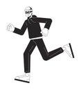 Man in mask running flat line black white vector character