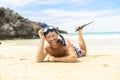 Man with mask for snorkling at the seaside beach Royalty Free Stock Photo