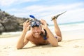 Man with mask for snorkling at the seaside beach Royalty Free Stock Photo