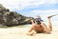 Man with mask for snorkling at the seaside beach