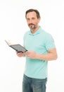 Man mature bearded hold book isolated white background. Useful information. Self education. Home education and self