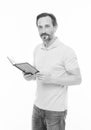 Man mature bearded hold book isolated white background. Useful information. Self education. Home education and self