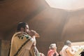 Man from the Mazahua culture playing the snail Royalty Free Stock Photo