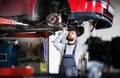 Man mechanic repairing a car in a garage. Royalty Free Stock Photo