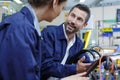 man mechanic and woman talking about work Royalty Free Stock Photo
