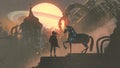 Man and mechanized horse in futuristic city