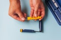 A man in medical gloves holds a syringe for subcutaneous injection of hormonal drugs in the IVF protocol in vitro fertilization Pr Royalty Free Stock Photo