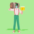 Man in medical mask holding beer mugs and barrel Oktoberfest party celebration coronavirus quarantine Royalty Free Stock Photo