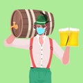 Man in medical mask holding beer mugs and barrel Oktoberfest party celebration coronavirus quarantine Royalty Free Stock Photo