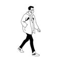 Man in medical mask jacket, jeans and sneakers walking. Monochrome vector illustration in simple sketch style isolated