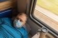 Man in a medical mask near the train car. concept of travel during the pandemic. passenger is lying in his seat in the compartment Royalty Free Stock Photo