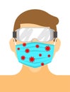 Man in medical mask and safety glasses. Isolation from coronavirus. Quarantine from the virus. Pandemic