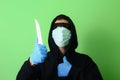 Man in a medical mask and sunglasses dressed in black clothes with a hood holds a knife in his hand Royalty Free Stock Photo