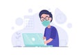 Man in medical mask working on his laptop. Office worker works on quarantine at home to avoid disease. Freelancer or remote worker Royalty Free Stock Photo