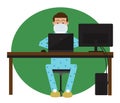 A man in a medical mask works on a computer. Cartoon. Vector.