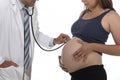 Man in medicine doctor coat using stethoscope listening to fetus heartbeat in pregnant woman big belly Royalty Free Stock Photo