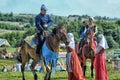 Man in a medieval historical clothes on horseback Royalty Free Stock Photo