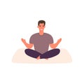 Cartoon happy man practicing yoga in relaxed pose.