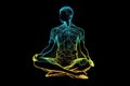 A man meditates, blue and yellow neon lines on a dark background. AI generative