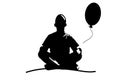 Man meditates in the Lotus position, issues problems in the form of a flying balloon. Calm pose, mental balance, harmony, spiritua