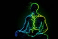 A man meditates, neon lines on a dark background. AI generative