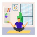 Man meditating in living room. Male practicing yoga with serene face. Indoor relaxation and mindfulness vector