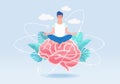 Man meditating in lotus pose sitting on brain. Vector illustration.