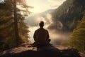 Man meditating in lotus position on a rock in the forest, A man practicing mindfulness and meditation in a peaceful natural