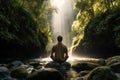 Man meditating in the lotus position on the rock in the forest, A man practicing mindfulness and meditation in a peaceful natural