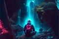 man meditating in mountains near the waterfall with emanating energy Aura chakras in neon light, back view