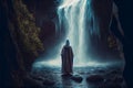man meditating near the waterfall with emanating calming energy. Calming unity with nature concept.