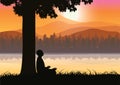 Man meditating in sitting yoga position on the top of a mountains above clouds at sunset. Zen, meditation, peace, Vector illustrat