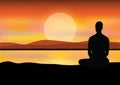 Man meditating in sitting yoga position on the top of a mountains above clouds at sunset. Zen, meditation, peace, Vector illustrat Royalty Free Stock Photo