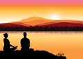 Man meditating in sitting yoga position on the top of a mountains above clouds at sunset. Zen, meditation, peace, Vector illustrat Royalty Free Stock Photo