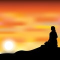 Man meditating in sitting yoga position on the top of a mountains above clouds at sunset. Zen, meditation, peace, Vector illustrat Royalty Free Stock Photo