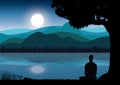 Man meditating in sitting yoga position on the top of a mountains above clouds at sunset. Zen, meditation, peace, Vector illustrat Royalty Free Stock Photo