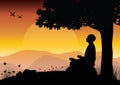 Man meditating in sitting yoga position on the top of a mountains above clouds at sunset. Zen, meditation, peace, Vector Royalty Free Stock Photo