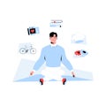 Man Meditating With Various Objects Around Symbolizing Hobbies And Interests In Flat Vector Illustration, Isolated On