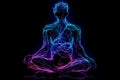 A man in a meditation pose, blue-violet neon lines on a dark background. AI generative
