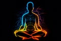 A man in a meditation pose, multi-colored neon lines on a dark background. AI generative
