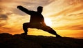 Man, meditation and silhouette, training and tai chi outdoor at a beach, wellness and calm with sunset background. Male Royalty Free Stock Photo