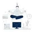 Man meditation on work. Businessman meditate, zen and chilling. Business relax, busy manager take a break. Relaxing in