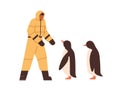 Man meeting Arctic penguins. Bird keeper at South pole, Antarctica. Polar antarctic scientist zoologist studying animals