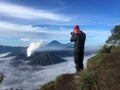 Man meets the sunrise at the Bromo Tengger Semeru National Park on the Java Island, Indonesia Royalty Free Stock Photo