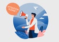 The man and megaphone with attention please word. People vector illustration. Flat cartoon character graphic design. Landing page