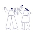 Man with megaphone and woman with pencil vector design